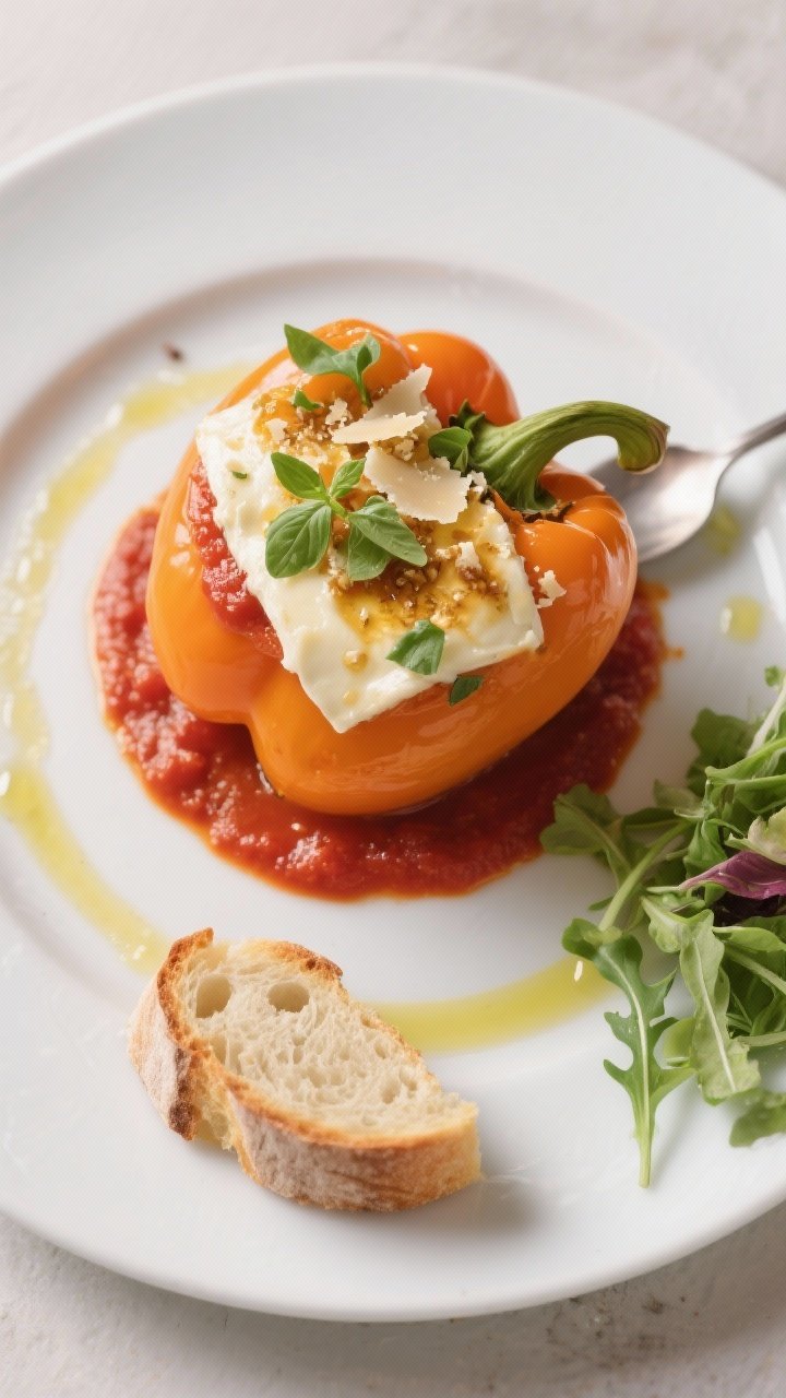 Final dish presentation: Restaurant-quality plating of one vibrant orange bell pepper standing uprig