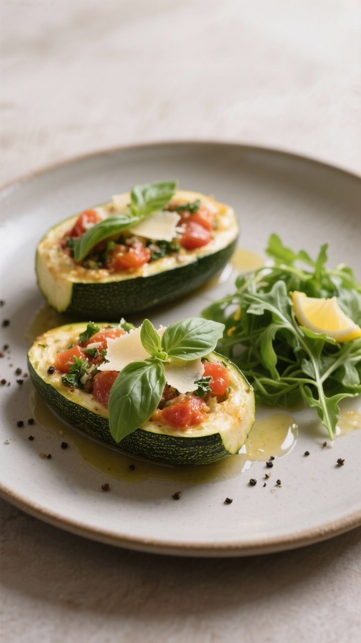 Final dish presentation: Restaurant-quality plating of two Italian stuffed zucchini halves on a matt