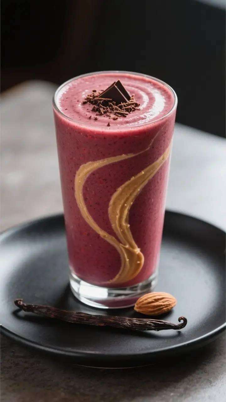 Final dish presentation: Restaurant-quality scene of a single tall smoothie glass with a velvety, th