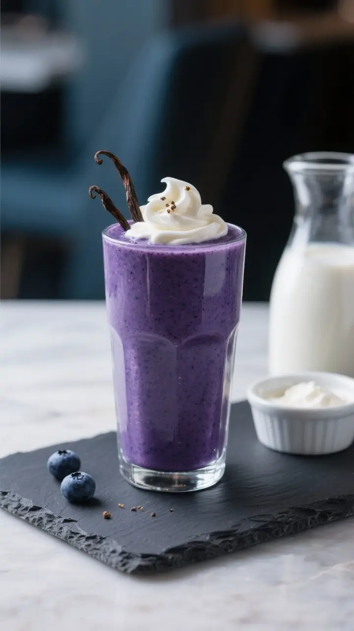 Final dish presentation: Restaurant-quality scene of a single tall smoothie glass on a dark slate bo