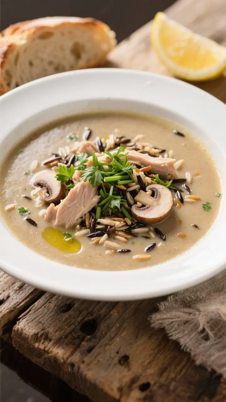 Final dish: Restaurant-quality bowl of Turkey and Wild Rice Winter Soup, garnished with finely chopp