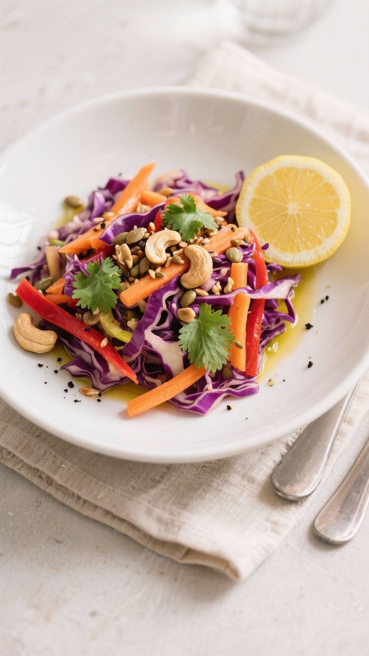 Final dish top view: Overhead shot of a beautifully plated Detox Cabbage + Carrot Rainbow Slaw serve