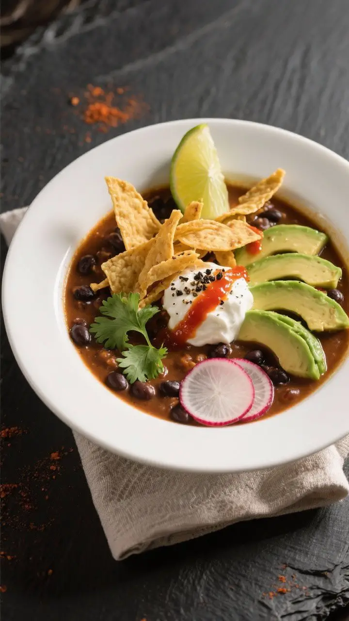 Final plated beauty: A restaurant-quality bowl of Spicy Black Bean Tortilla Soup presented in a wide