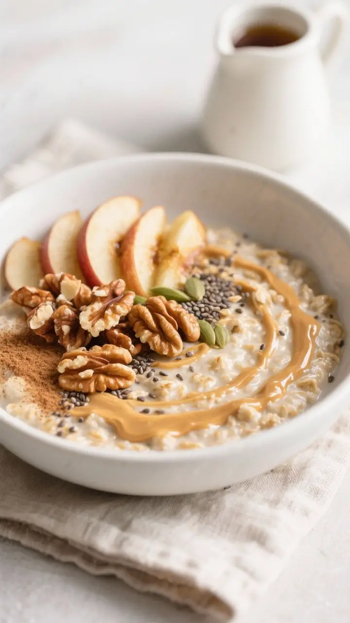 Final plated bowl: Vegan Cinnamon Apple Breakfast Oats served in a wide white ceramic bowl, luxuriou