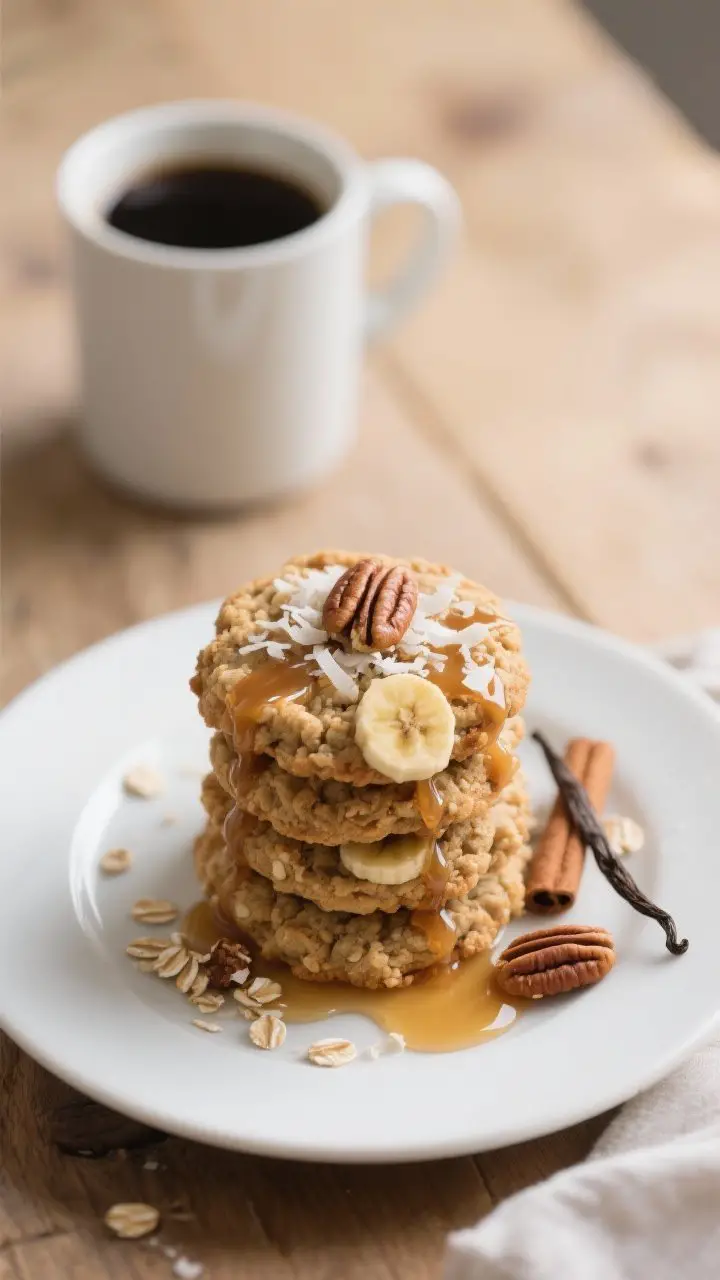 Final plated breakfast scene: Beautifully plated stack of Maple Banana Oat Breakfast Cookies on a si