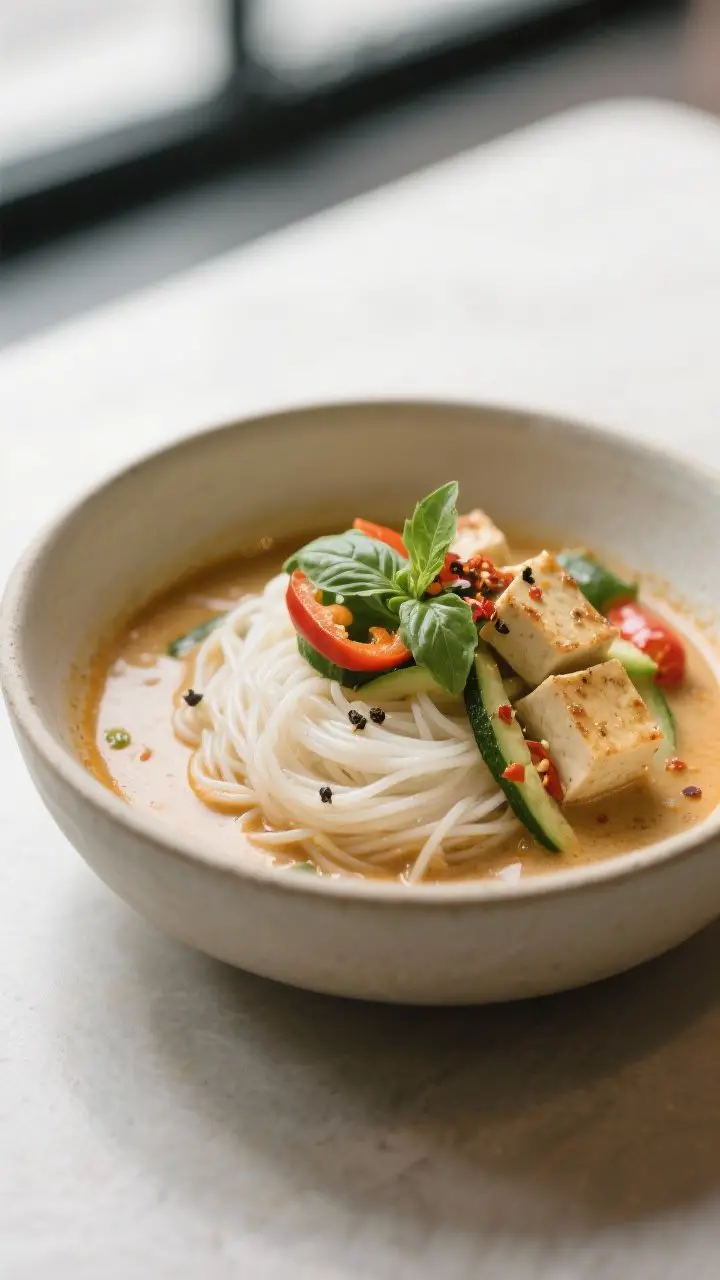 Final plated close-up: Restaurant-quality bowl of coconut curry soup poured over a small nest of ric