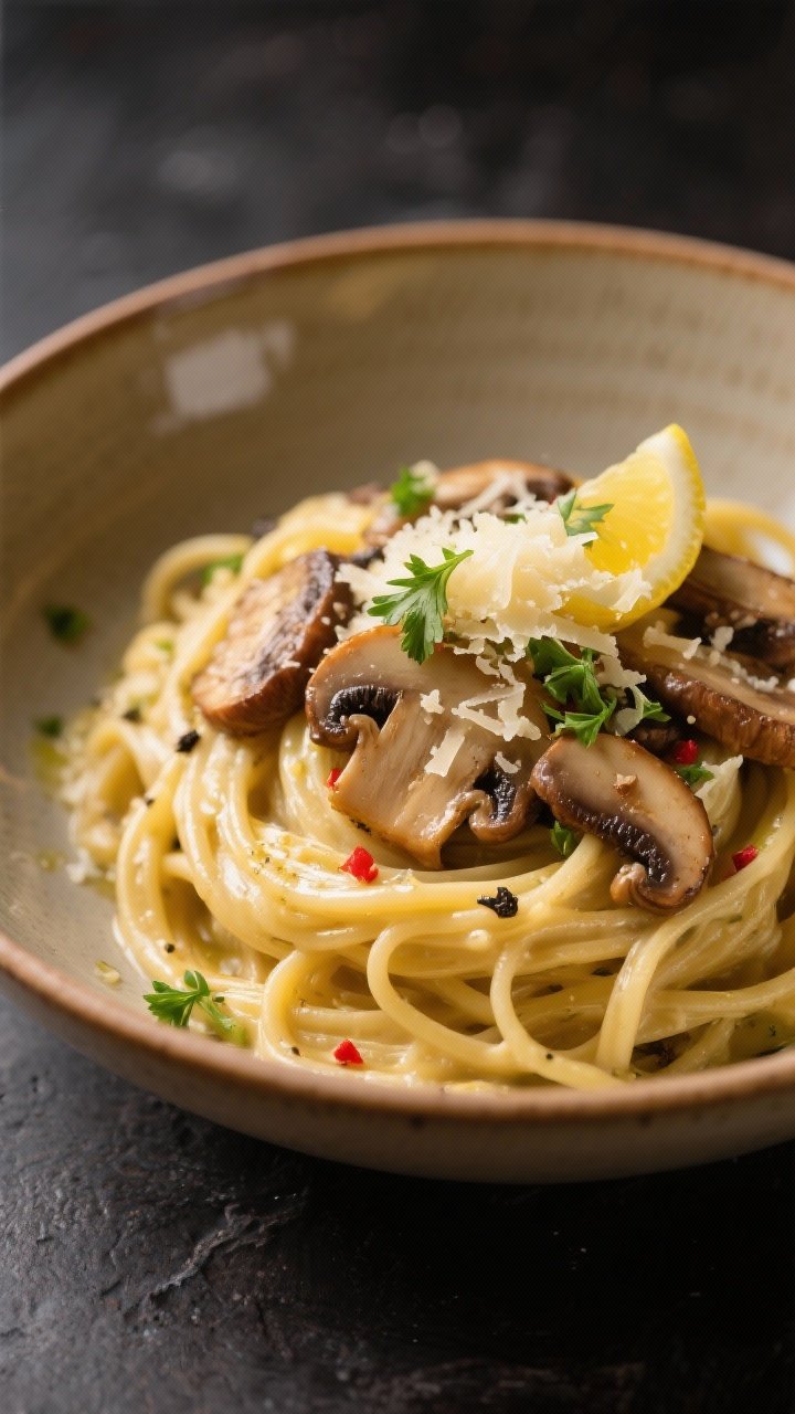 Final plated detail: Restaurant-quality bowl of Vegetarian Garlic Butter Mushroom Pasta twirled into