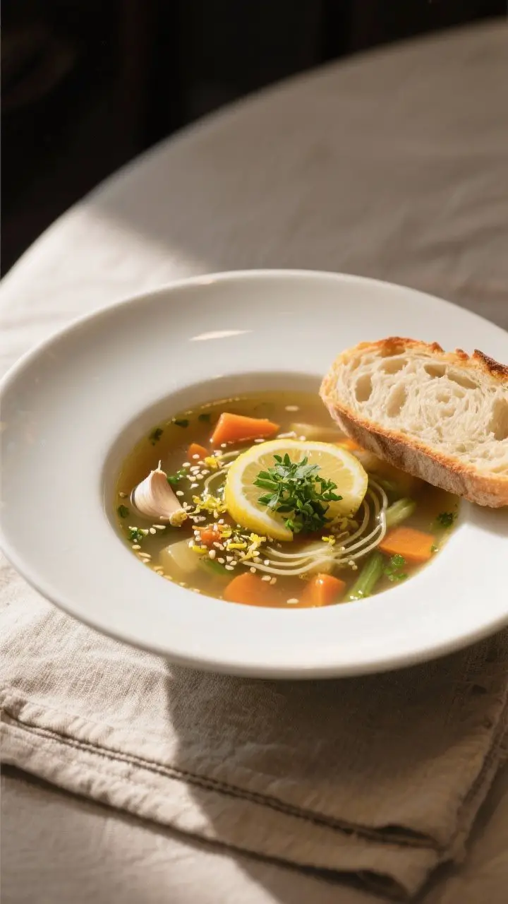 Final plated dish: A beautifully plated bowl of Ginger Garlic Vegetable Soup on a matte white cerami