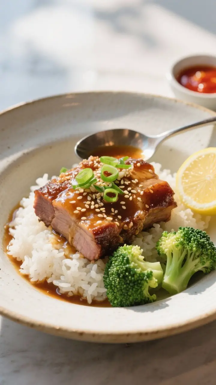 Final plated dish: Beautifully plated honey garlic pork roast over fluffy white rice in a wide, shal