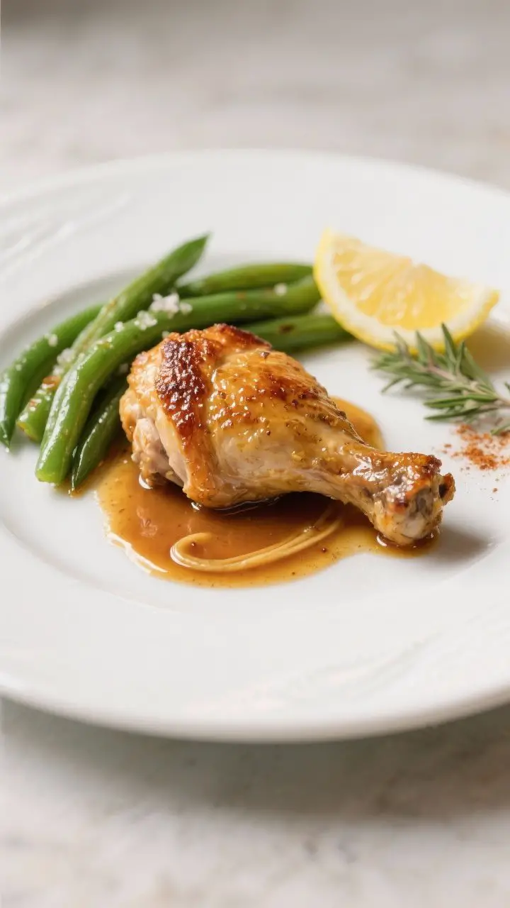 Final plated dish, : Beautifully plated Maple Dijon Chicken Thighs on a white ceramic plate, one thi