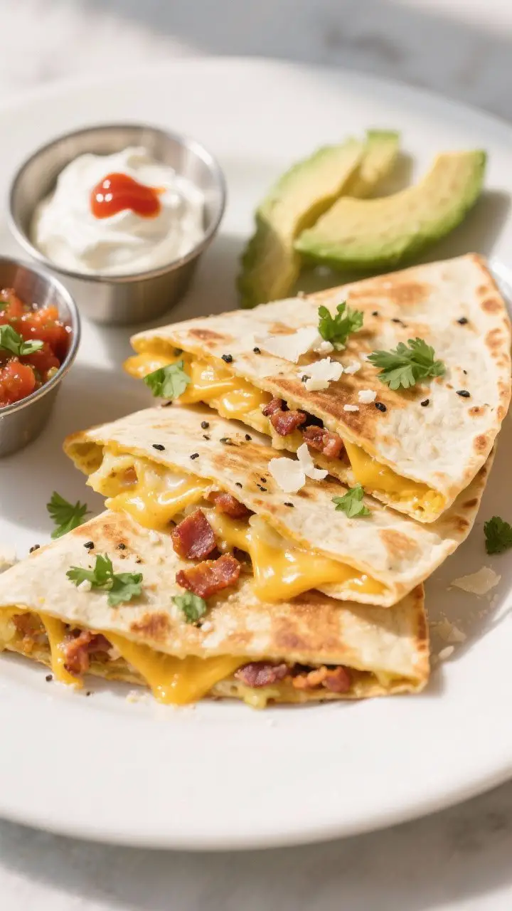 Final plated dish: Beautifully sliced breakfast quesadilla wedges stacked slightly offset on a matte