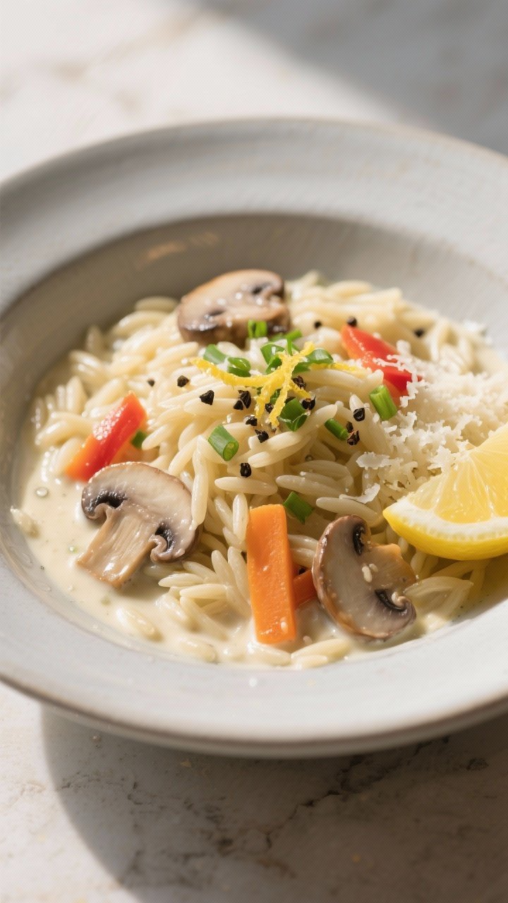 Final plated dish beauty: A generous bowl of creamy orzo plated restaurant-style—silky sauce cling