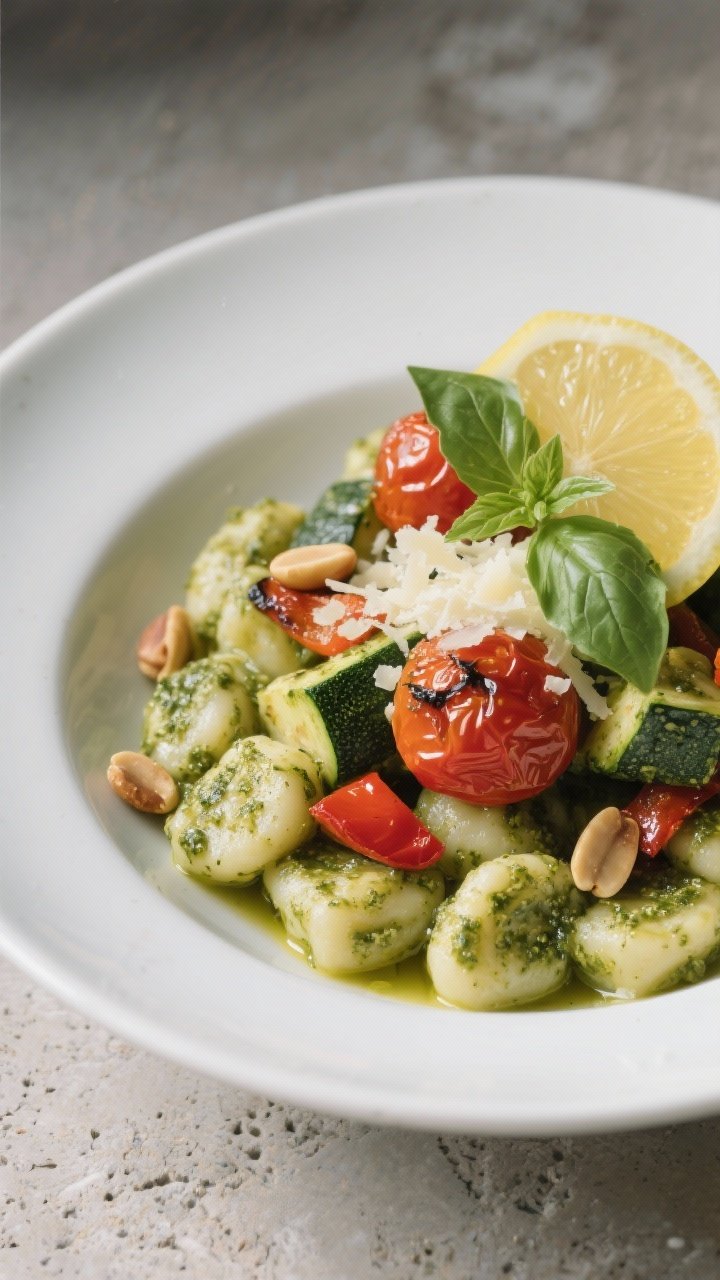 Final plated dish beauty: Restaurant-style presentation of Vegetarian Pesto Gnocchi with Roasted Veg