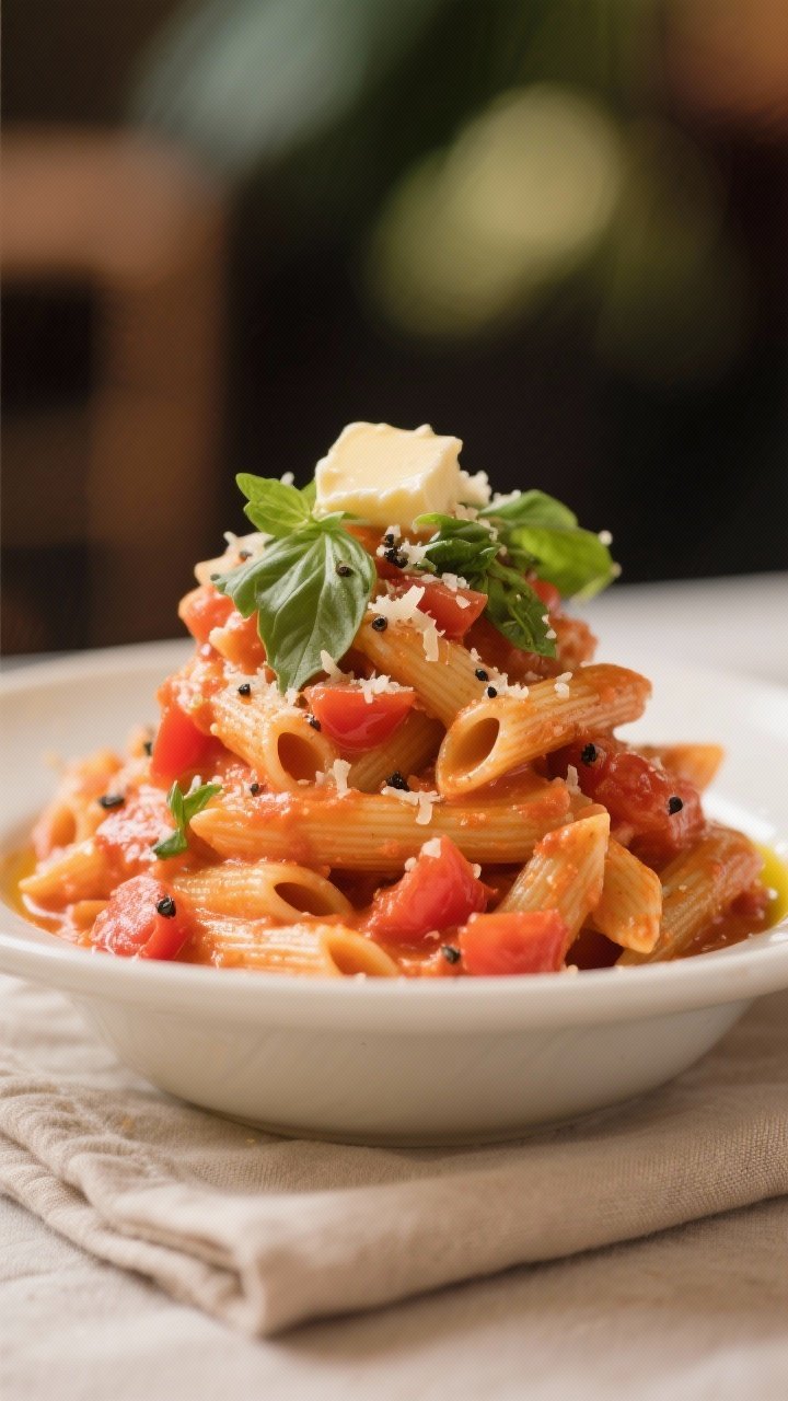Final plated dish close-up: Creamy Tomato Basil Penne twirled into a high mound in a warm white shal