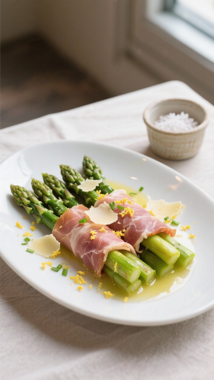 Final plated dish — Elegant appetizer presentation: neatly arranged Parma ham–wrapped asparagus 