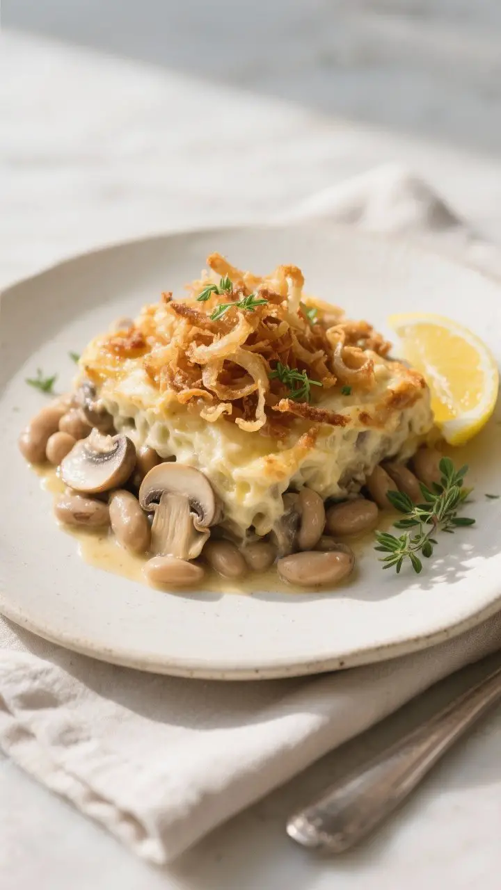 Final plated dish presentation: a generous scoop of the casserole served on a simple off-white stone