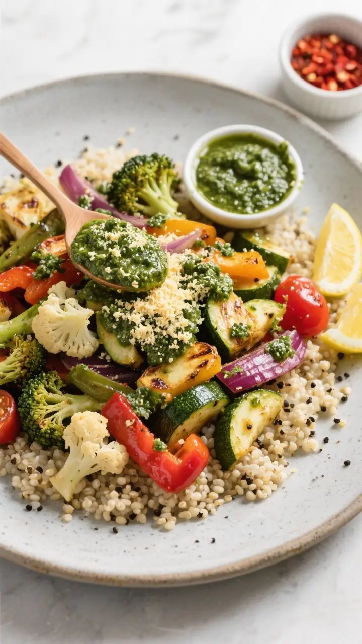 Final plated dish, restaurant presentation: Beautifully plated Vegan Pesto Veggie Sheet Pan Dinner a