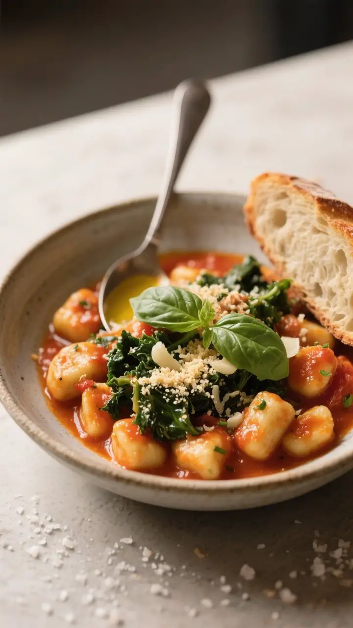 Final plated dish, restaurant-quality: Beautifully plated bowl of the creamy tomato gnocchi, spooned