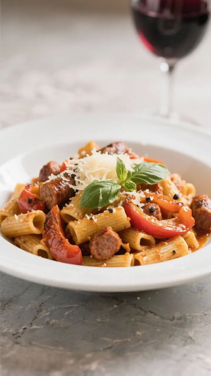 Final plated dish: Restaurant-quality bowl of Italian Sausage and Peppers Pasta plated in a wide, sh
