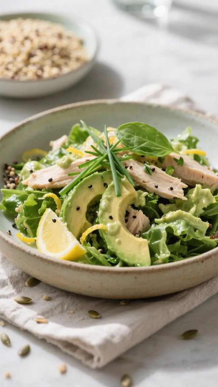Final plated dish: Restaurant-quality presentation of Detox Green Goddess Chicken Salad plated as a