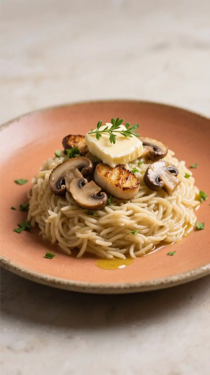 Final plated dish: Restaurant-quality presentation of mushroom orzo swirled into a neat mound on a w