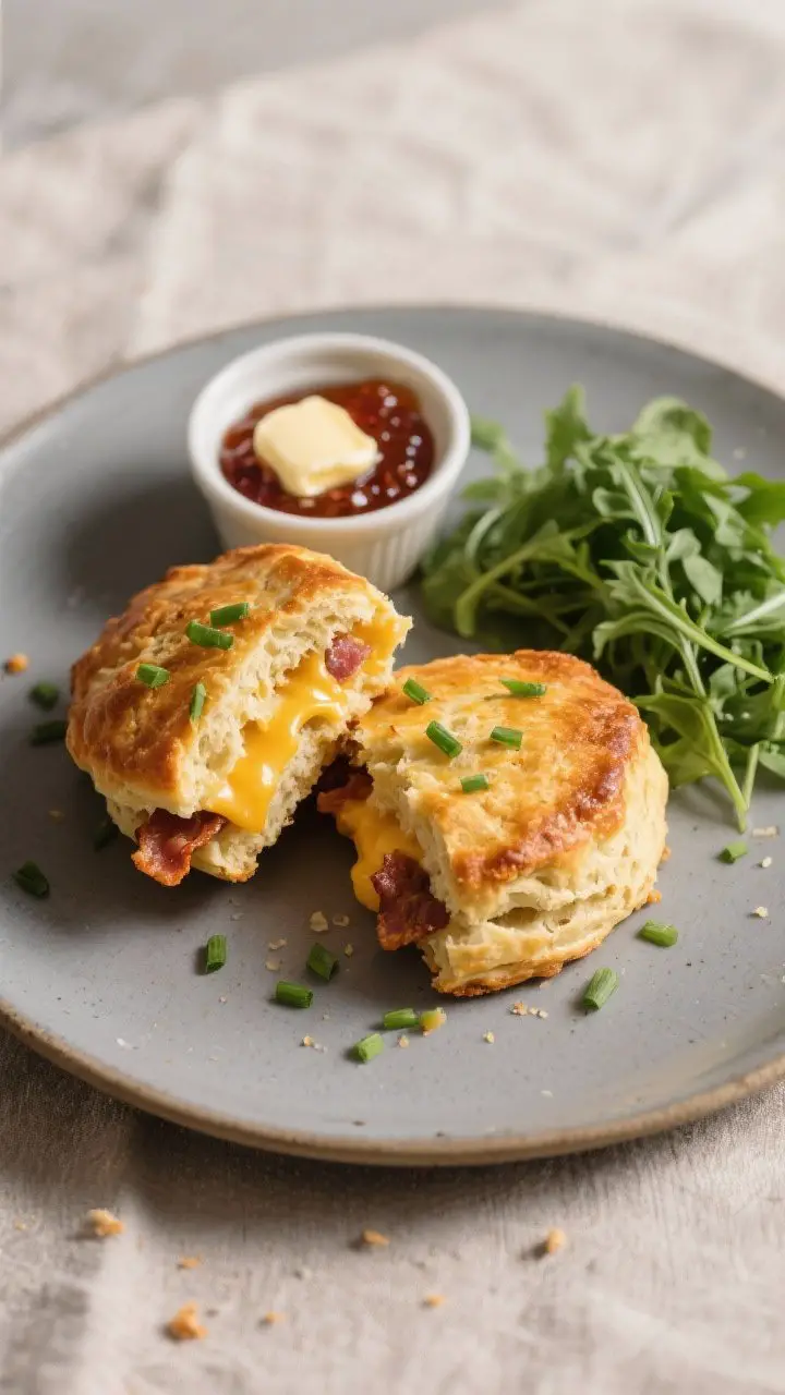 Final plated dish: Restaurant-quality presentation of two warm cheddar bacon scones on a matte ceram