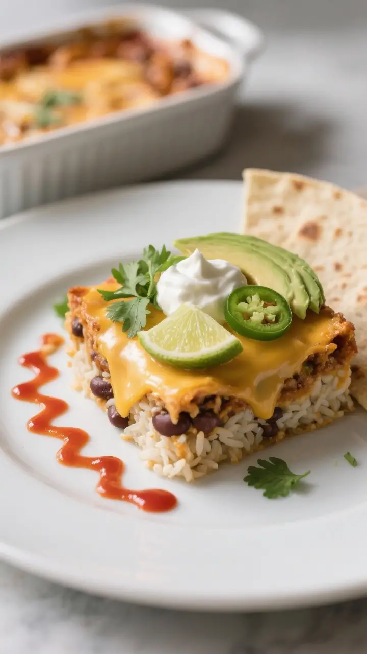 Final plated dish: Restaurant-quality presentation of a square of the vegan Mexican rice and bean ca