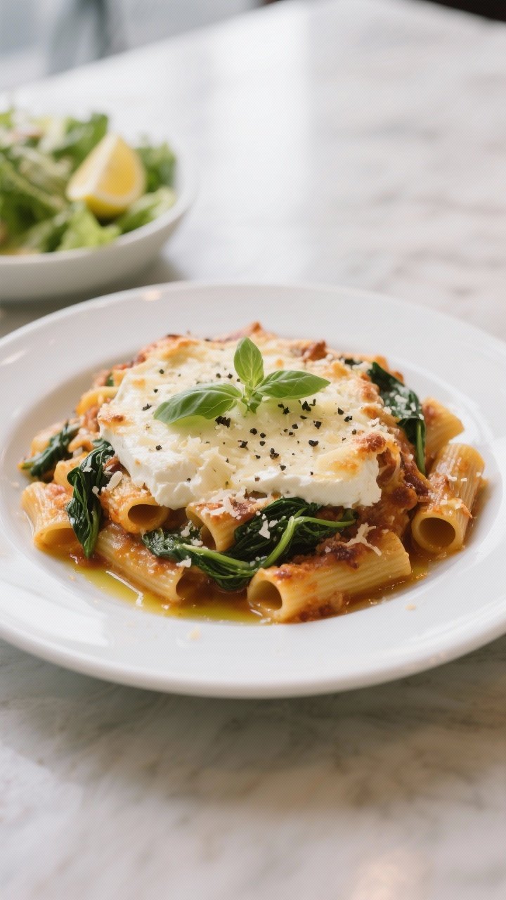 Final plated dish: Restaurant-quality presentation of a generous scoop of the baked pasta on a wide 