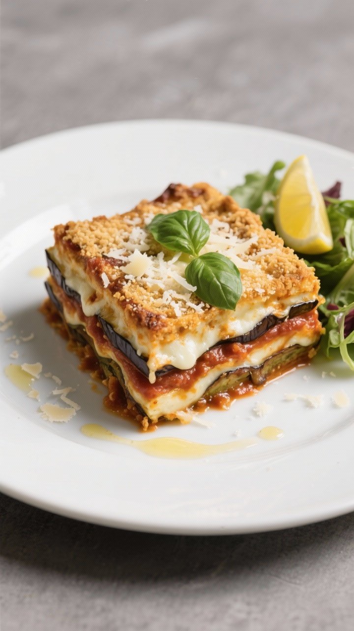 Final plated dish: Restaurant-quality presentation of a neatly sliced square of Vegetarian Eggplant 