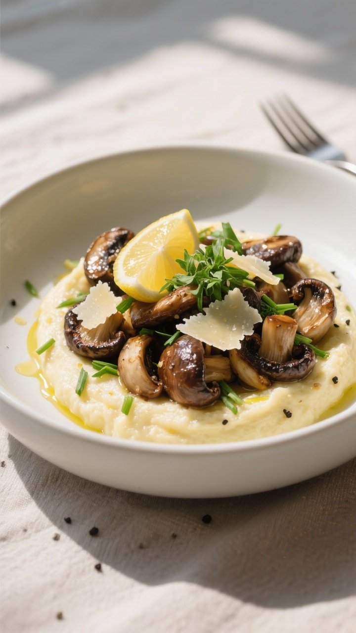 Final plated dish: Restaurant-quality presentation of roasted mushrooms with Parmesan and garlic pil