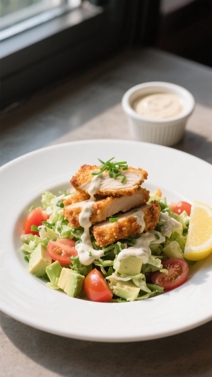 Final plated dish: Restaurant-quality presentation of Crispy Chicken Ranch Chopped Salad on a wide, 