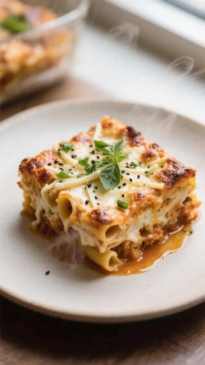 Final plated dish shot: Restaurant-quality presentation of a generous square of vegan baked ziti ser