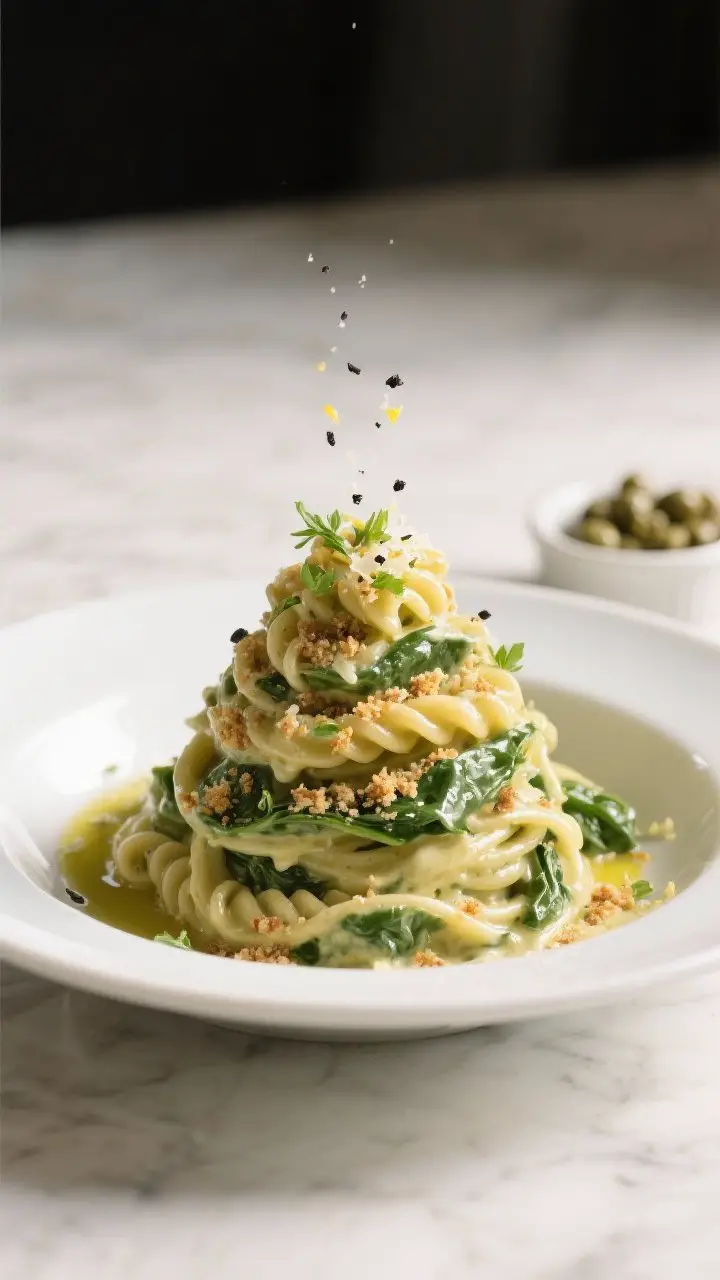 Final plated dish, : Single serving of vegan creamy spinach artichoke pasta twirled high in a shallo