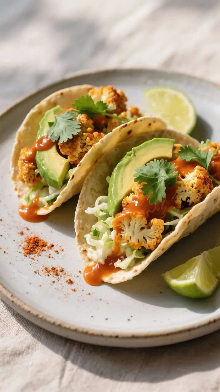 Final plated hero image: Restaurant-quality presentation of two fully assembled Vegan Cauliflower Bu