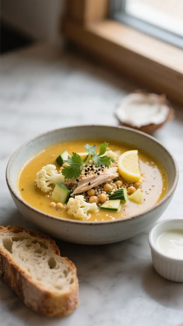 Final plated hero: Restaurant-quality presentation of the soup with optional shredded chicken and qu