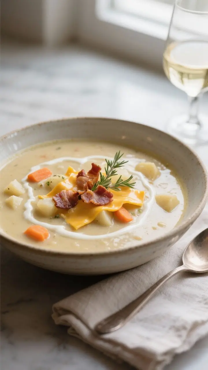 Final plated hero: Restaurant-quality presentation of the chowder finished with a splash of white wi