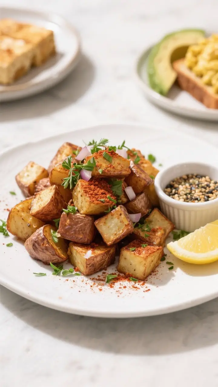 Final plated overhead: Restaurant-quality presentation of vegan breakfast potatoes on a white cerami