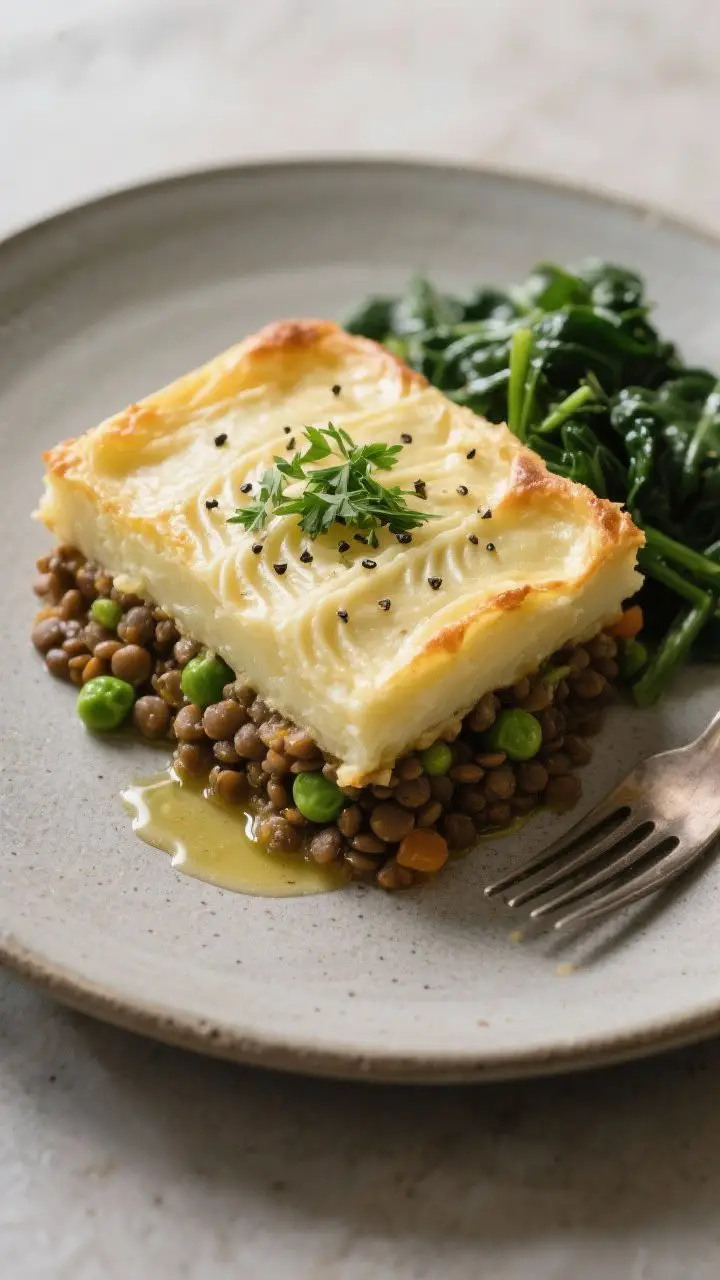 Final plated presentation: A generous square of Vegan Lentil Shepherd’s Pie served on a matte ston
