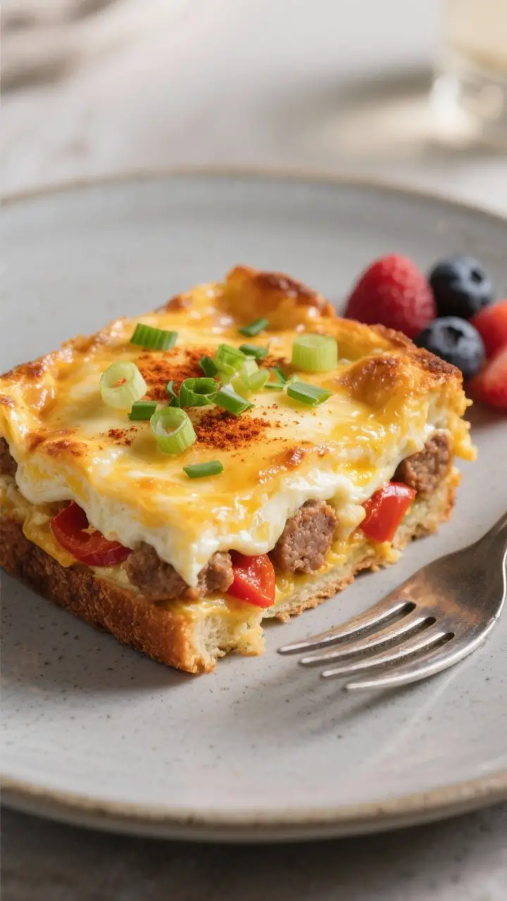 Final plated presentation: A restaurant-quality slice of the breakfast casserole served on a matte s