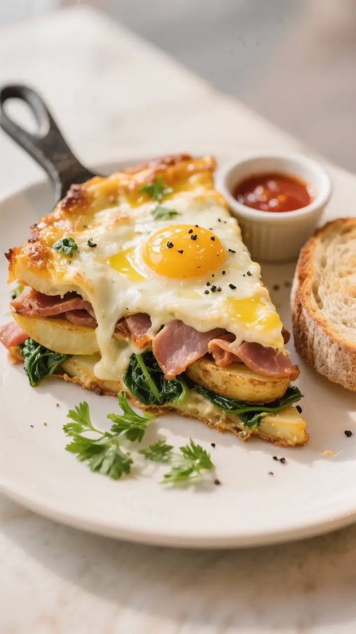 Final plated presentation, restaurant-quality: A generous wedge of the Cheesy Ham & Spinach Skillet
