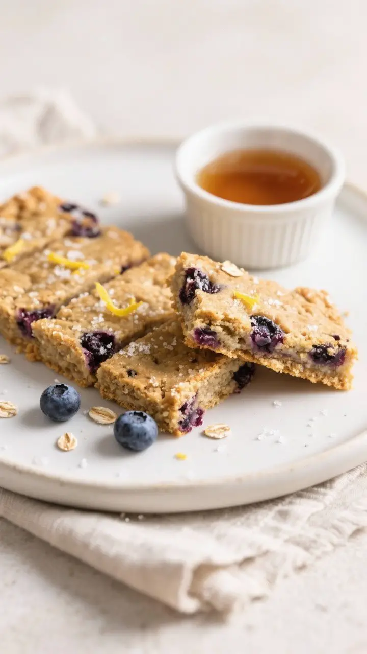 Final plated presentation: Restaurant-quality overhead shot of neatly sliced vegan blueberry oat bar