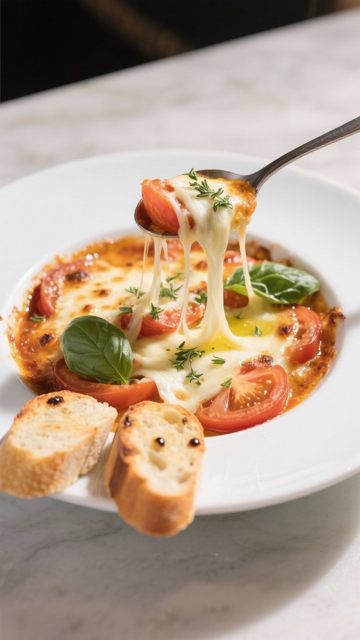 Final plated presentation: Restaurant-quality plating of a generous spoonful of the warm, melty mozz