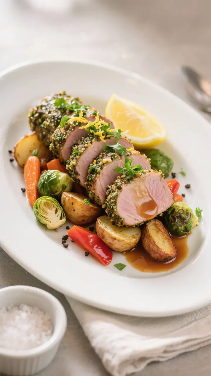 Final plated presentation: Restaurant-quality plating of herb-crusted pork tenderloin on a wide whit