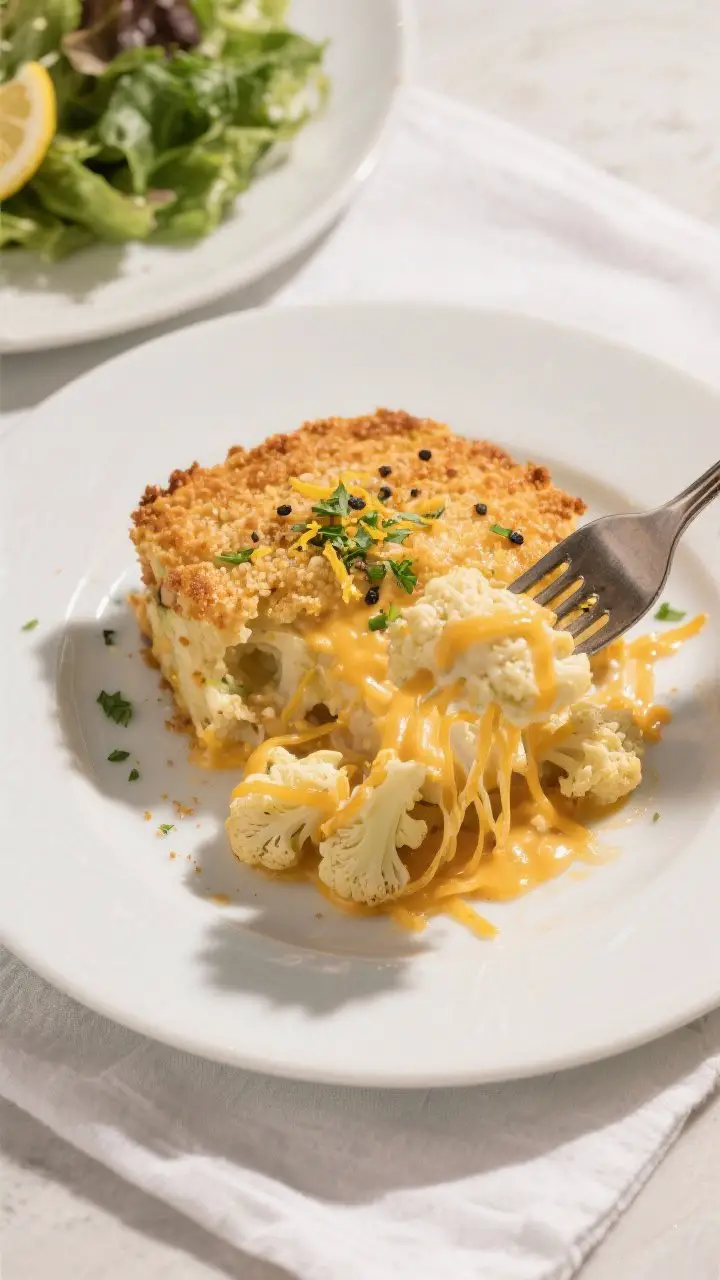 Final plated presentation: Restaurant-quality single serving of vegan cheesy cauliflower casserole o