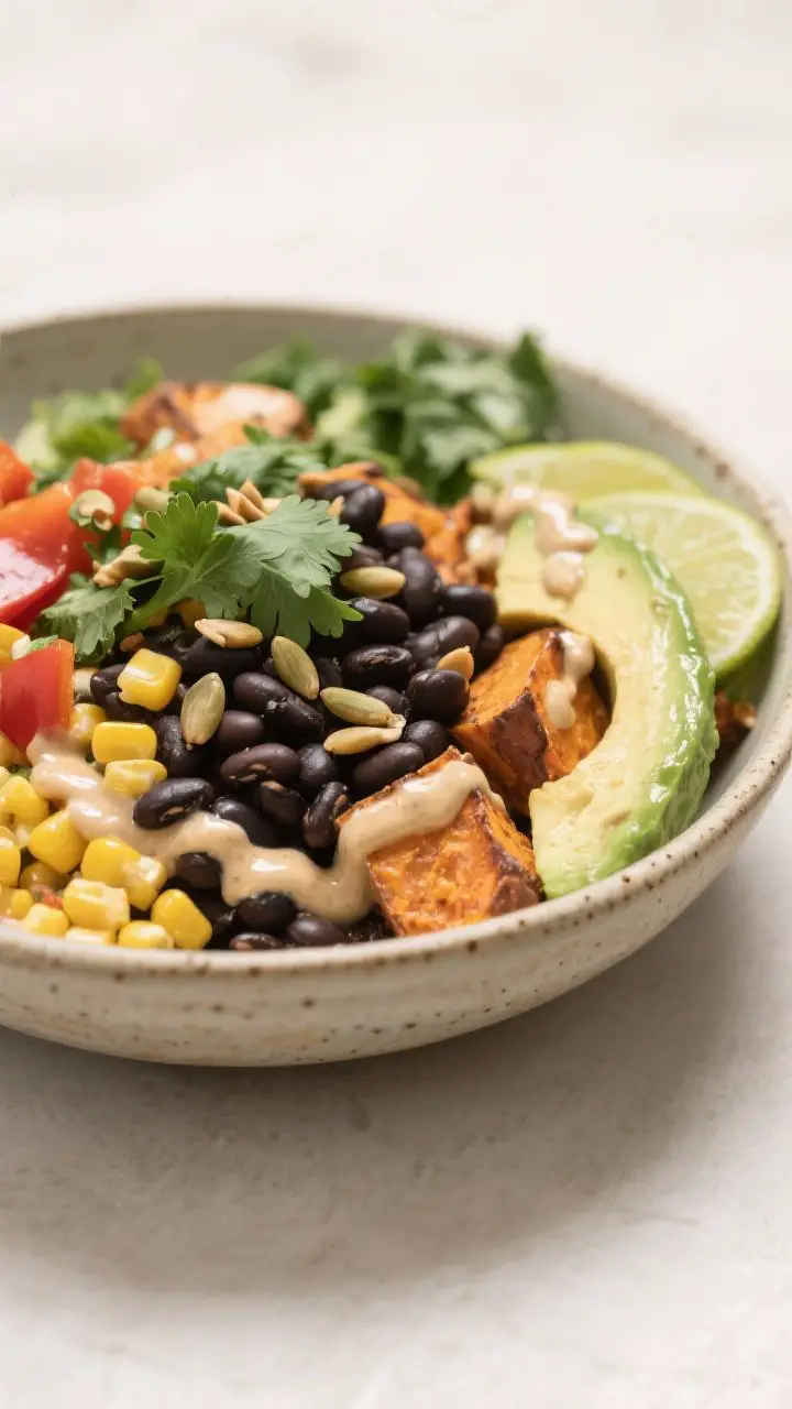 Final plated — Restaurant-quality presentation: Beauty shot of the fully assembled bowl at a 45-de