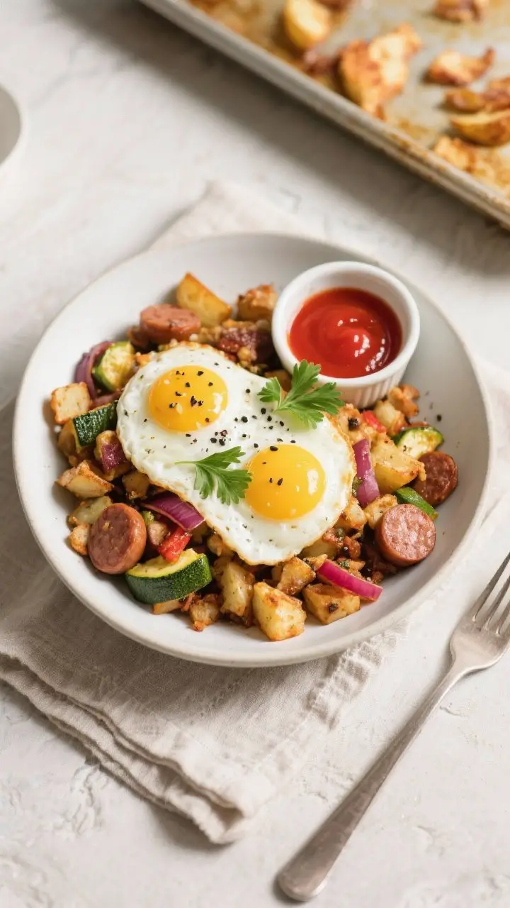 Final plated serving: a generous scoop of sheet pan breakfast hash in a wide, matte white bowl with 
