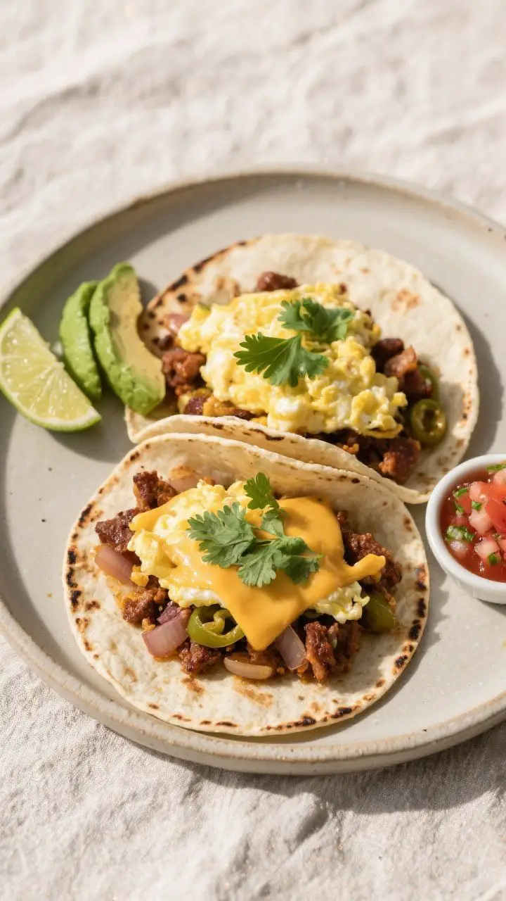 Final plated top view: Overhead shot of smoky breakfast tacos on lightly charred corn or flour torti