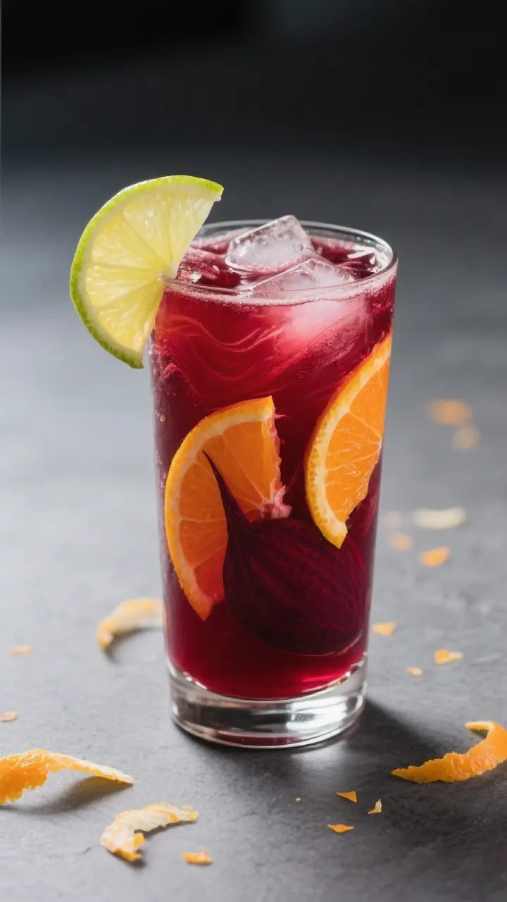 Final presentation: Beautifully plated “Beet-Citrus Charge” variation—deep ruby beet juice wit