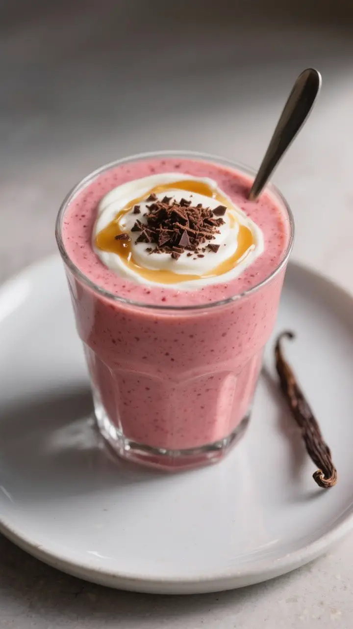 Final presentation hero shot: Spoonable, extra-thick strawberry banana yogurt smoothie served in a s