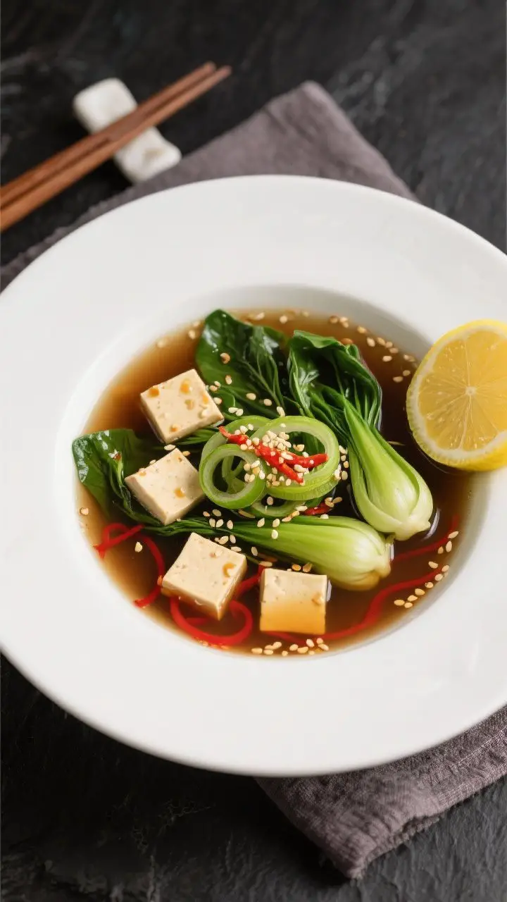 Final presentation: Restaurant-quality plated miso ginger soup with tofu and greens, top-down hero s